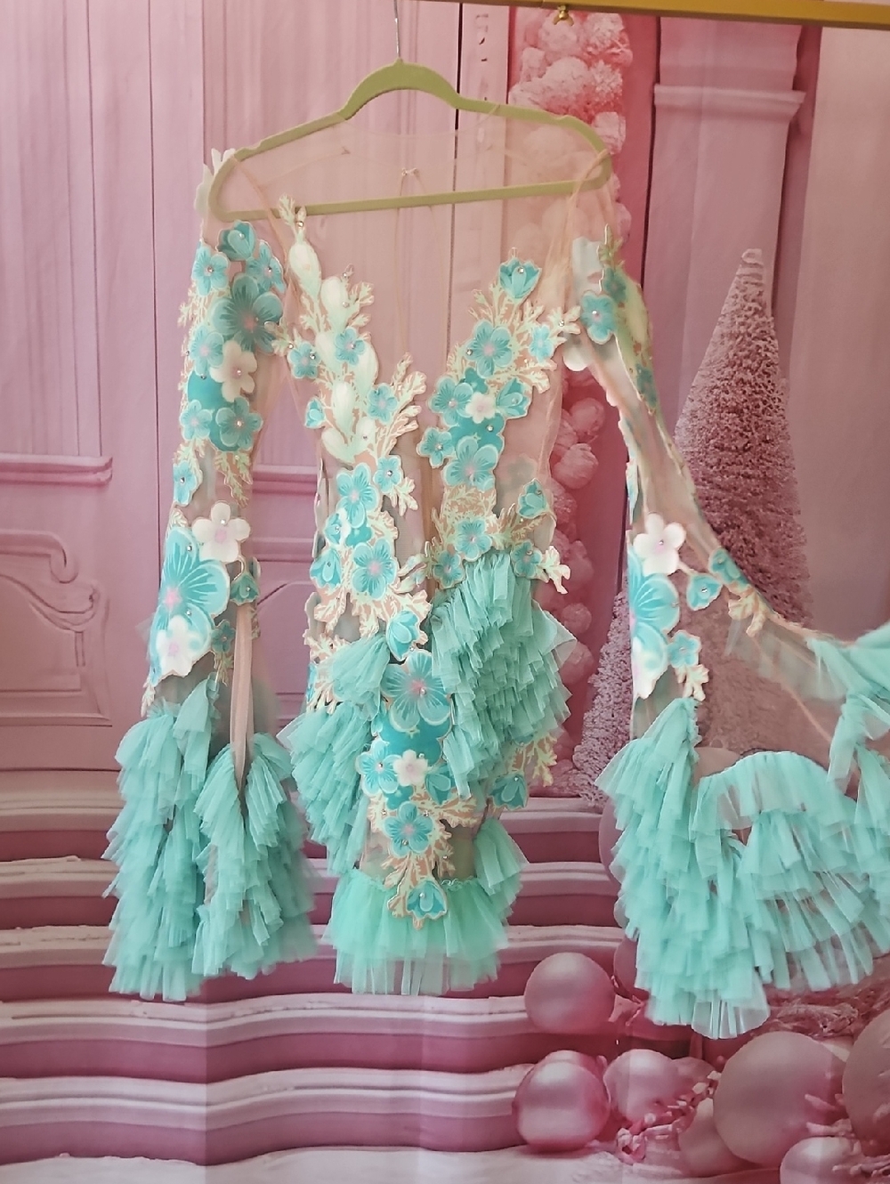 Aqua Floral Ruffle Dance Dress with 3D Appliqués